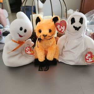 Ty Halloween Plush Trio - White Ghosts and Orange Cat